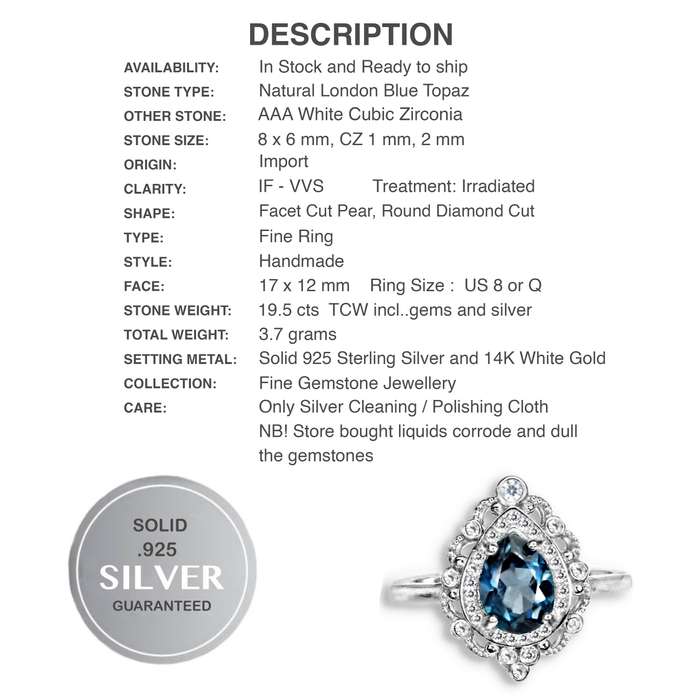Natural London Blue Topaz White Cz in Solid  .925 Sterling Silver 14K White Gold Ring Size 8 / Q