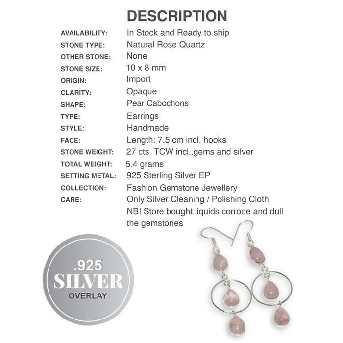 Natural Pink Rose Quartz  set in .925 Sterling Silver Plated Long Drop Dangle Earrings