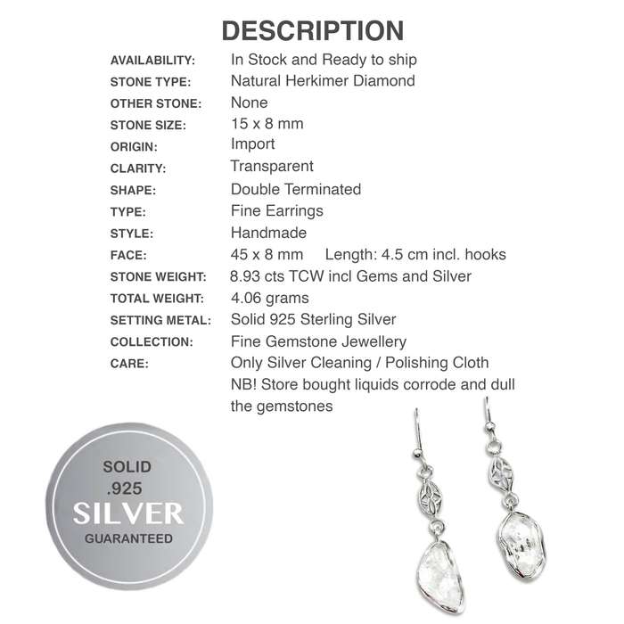 Natural Herkimer Diamond Gemstone set in Solid .925 Sterling Silver Drop Dangle Earrings