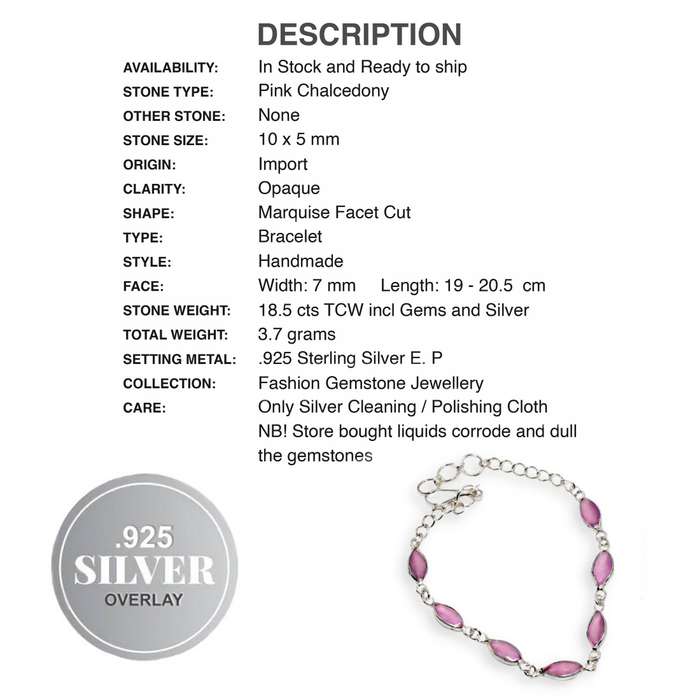 Dainty Marquise Shape Pink Chalcedony Gemstone .925 Sterling Silver Plated Bracelet