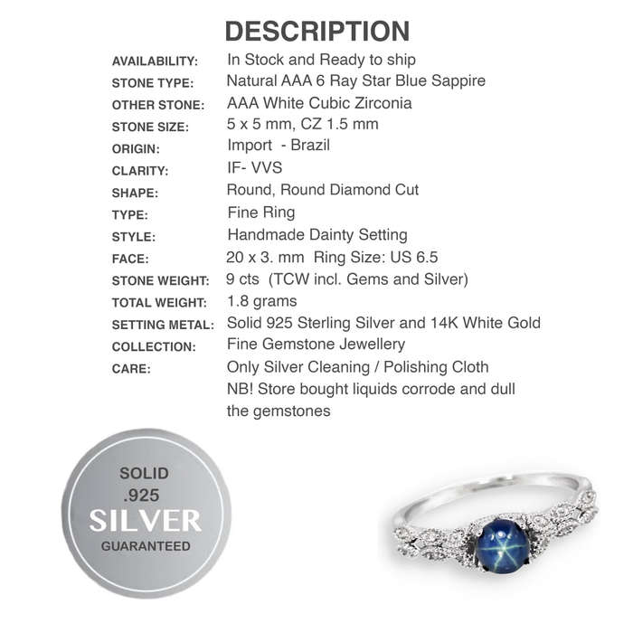 Natural AAA 6 Ray Star Blue Sapphire & White CZ in Solid 925 Silver 14K W/Gold Ring Size US 6.5/N