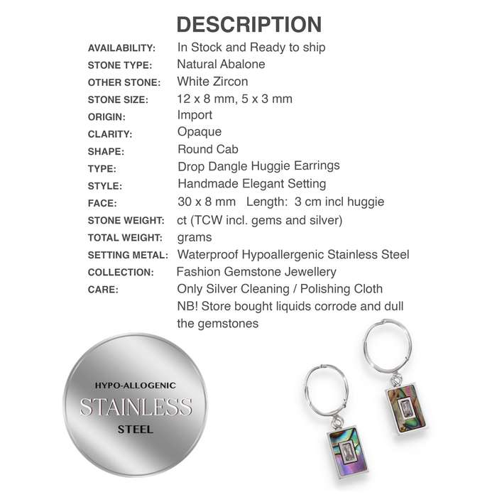 Natural Abalone Shell and White Zircon Gemstone Hypoallergenic Stainless Steel Huggie Earrings