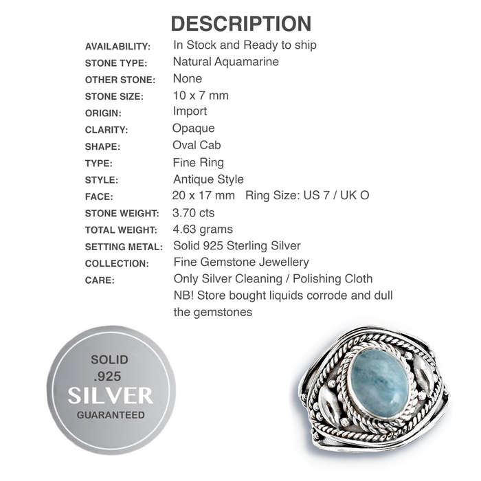 Natural Brazilian Aquamarine Oval Gemstone Solid .925 Sterling Silver Ring Size US 7 / O