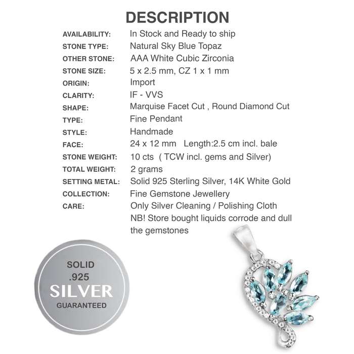 Brilliant Top Grade Sky Blue Topaz and White CZ set in Solid  925 Sterling Silver 14K W/Gold Pendant