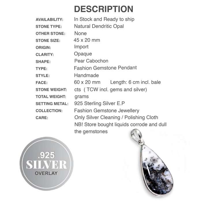 Natural Dendritic Opal Pear Shape Gemstone set in .925 Sterling Silver Plated Handmade Pendant