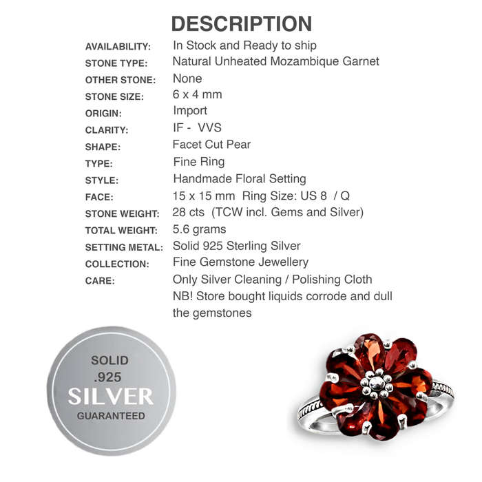 Natural Mozambique Garnet Gemstone set in Solid 925 Sterling Silver Ring Size US 8 / Q