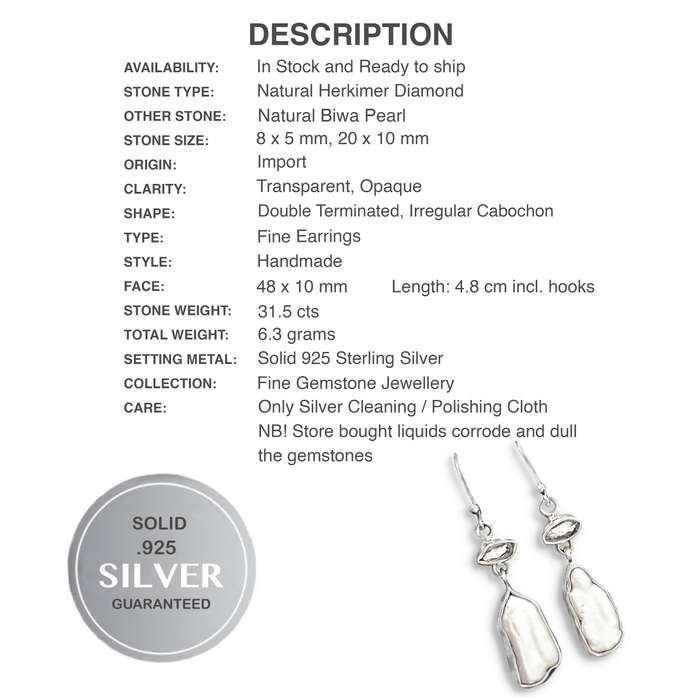Natural Biwa Pearl, Herkimer Diamond  set in Solid .925 Sterling Silver Earrings
