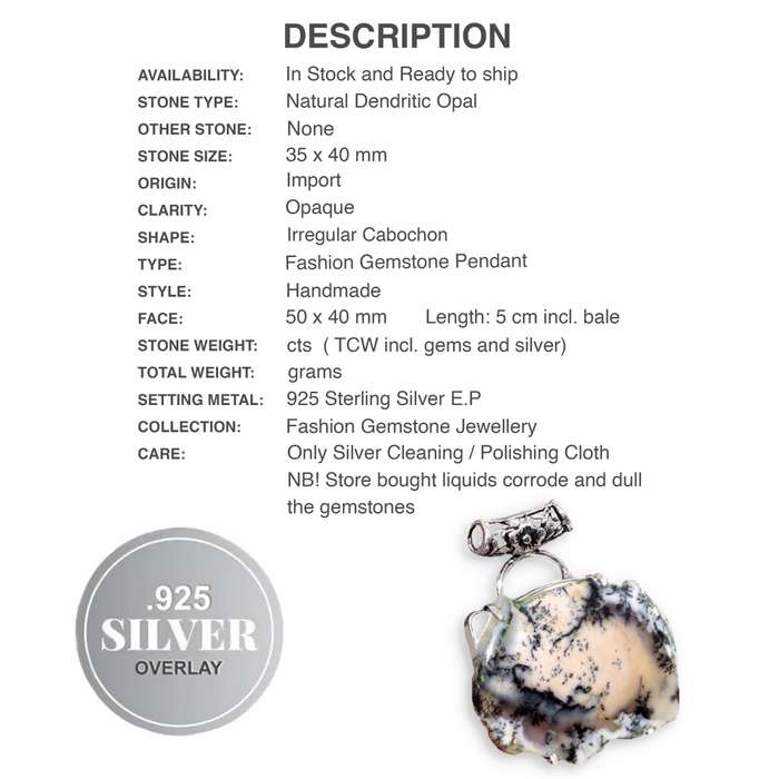 Natural Dendritic Opal Rough Shape Gemstone set in .925 Sterling Silver Plated Ornate Bale Pendant