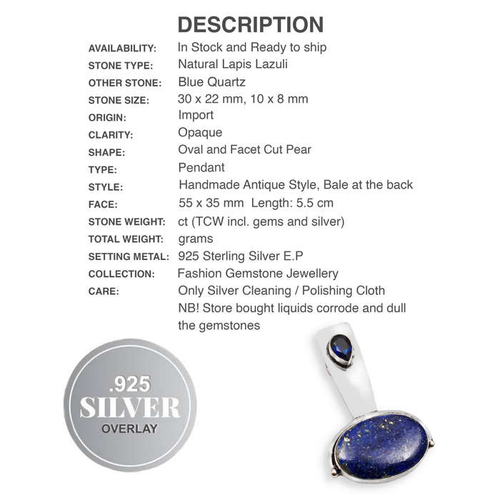 Natural Lapis Lazuli and Blue Quartz Gemstones set in .925 Sterling Silver Plated Handmade Pendant