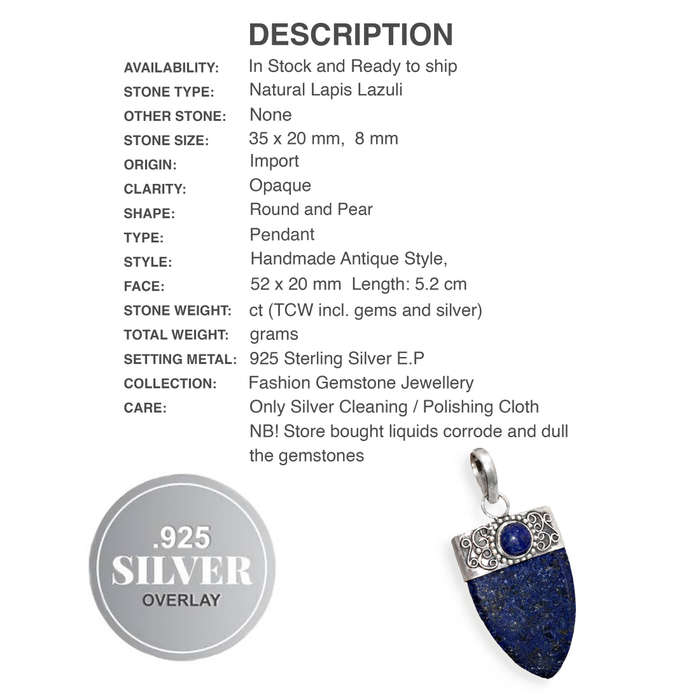 Natural Lapis Lazuli Capped Gemstone set in .925 Sterling Silver Plated Handmade Pendant