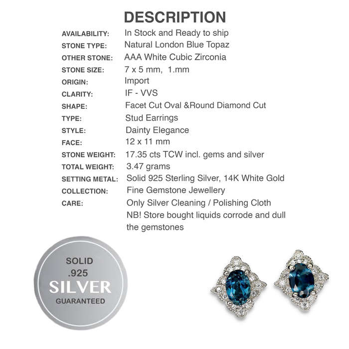 Natural London Blue Topaz & White CZ in Solid .925 Sterling Silver 14K White Gold Stud Earrings