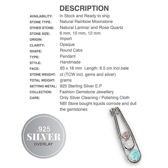 Natural Rainbow Moonstone Larimar and Rose Quartz set in .925 Sterling Silver Plated Handmade Pendan
