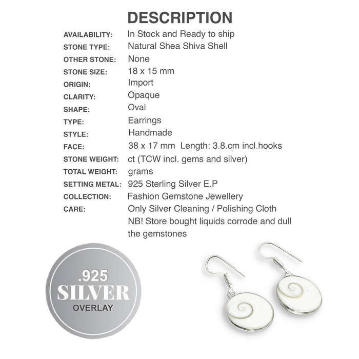 Natural Shea Shiva Shell Oval set in . 925 Sterling Silver Plated Handmade Earrings