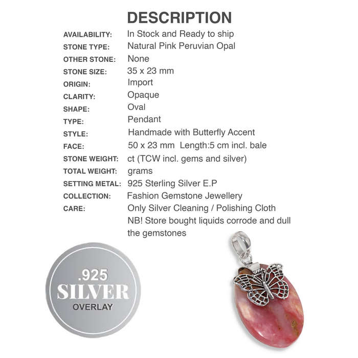 Natural Peruvian Pink Opal Oval Gemstone set in 925 Sterling Silver Plated Handmade Pendant