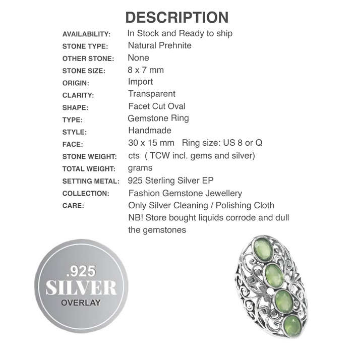 Indonesian - Bali Natural Prehnite Gemstone set in .925 Sterling Silver Plated Ring US 8 / Q