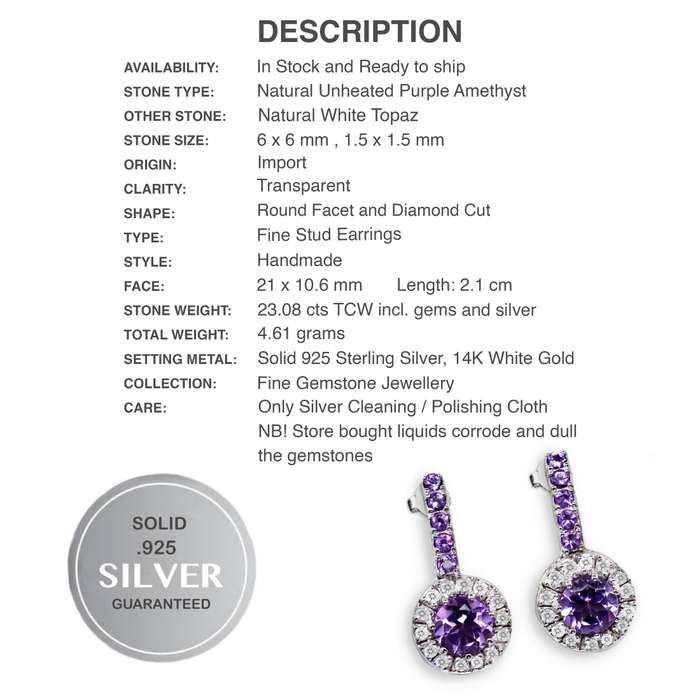 23.08 cts Authentic Unheated Purple Amethyst, White Topaz In Solid .925 Sterling Silver 14K W/Gold E