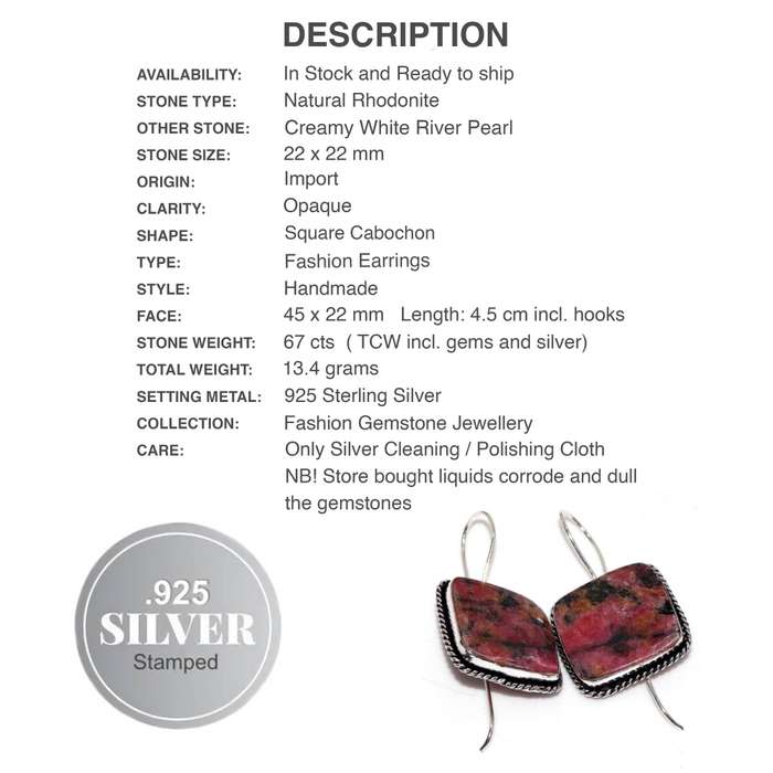 Natural Rhodonite Square Gemstone set in 925 Sterling Silver Plated Handmade Earrings