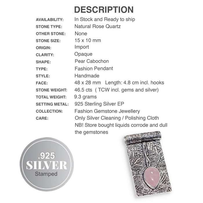 Natural Pink Rose Quartz Pear Gemstone with Embossed Leaf Floral 925 Sterling Silver Plated Handmade