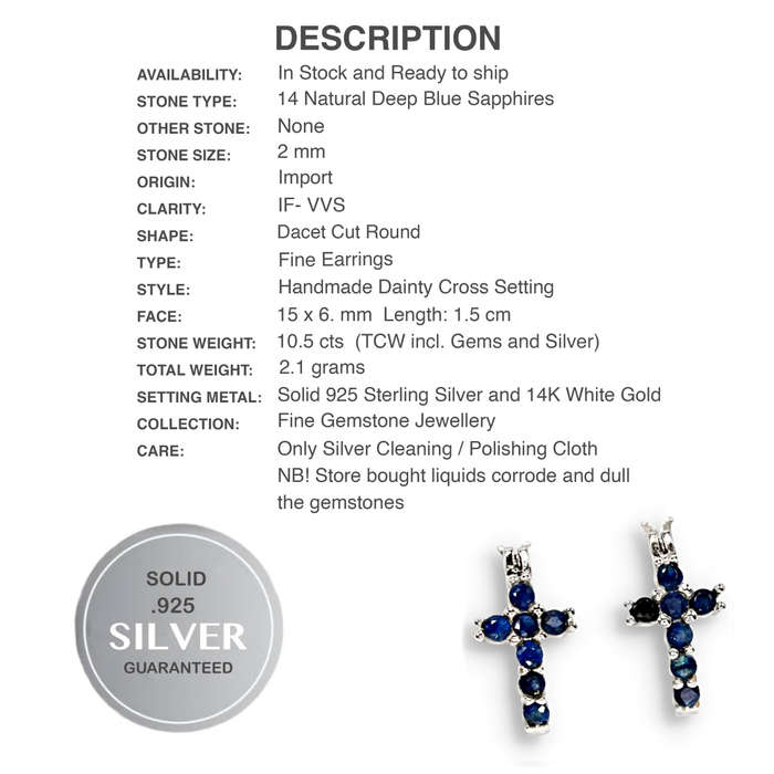 14 Genuine Blue Sapphires set in Solid .925 Sterling Silver 14K White Gold Cross Set Huggie Earrings