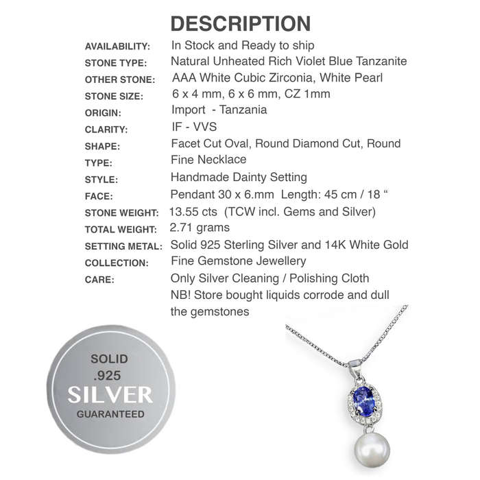 Natural Unheated Tanzanite and White CZ White Pearl set in Solid .925 Silver & White Gold Necklace