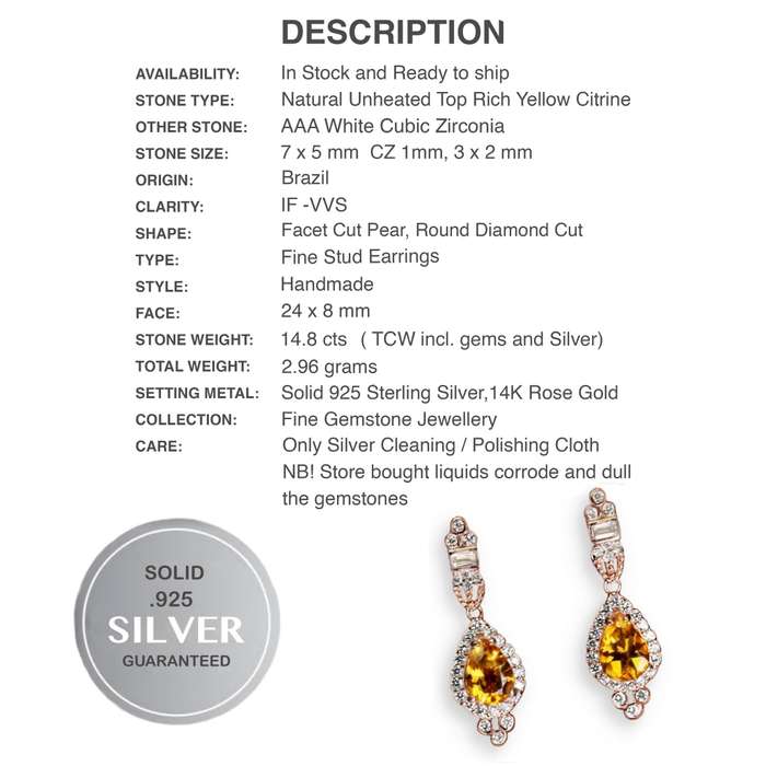 Natural Unheated Pear Citrine Gemstone  in Solid 925 Sterling Silver 14K Rose Gold Stud Earrings