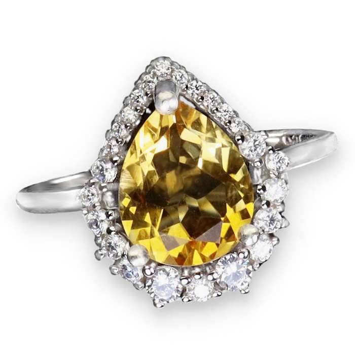 Natural Citrine Pear , AAA White Cubic Zirconia Solid .925 Silver,14K White Gold Ring Size 7 / O