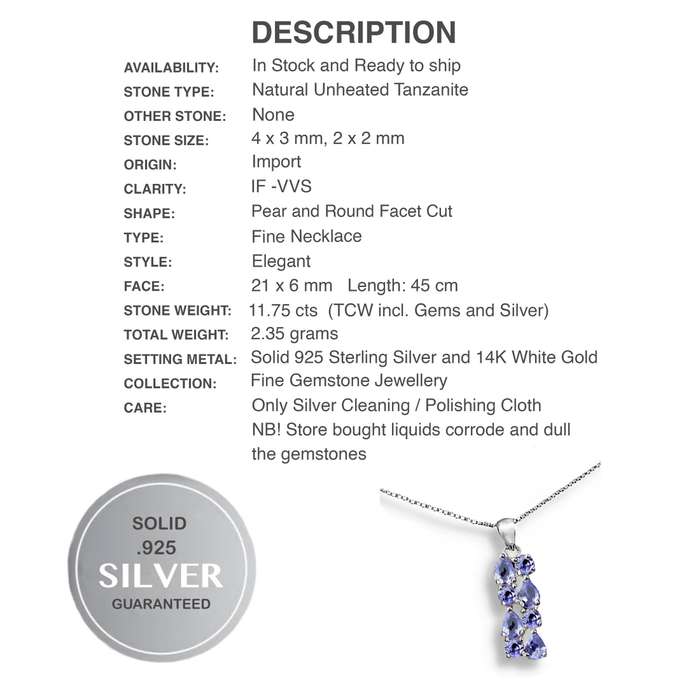 Deluxe Natural Unheated Tanzanite Mixed Shape Gemstone Solid .925 Silver & White Gold Necklace