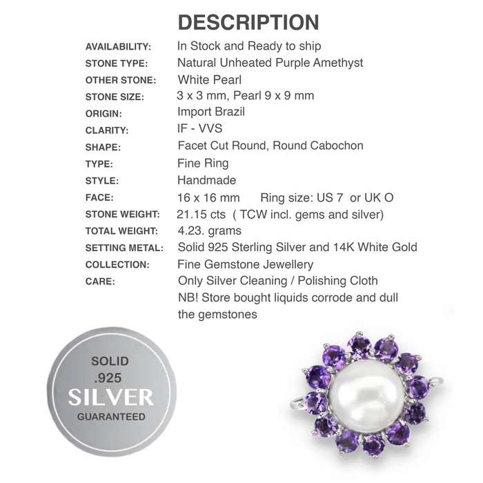 12 Natural Unheated Purple Amethyst and White Pearl Solid .925 Silver 14K White Gold Ring 7 / O