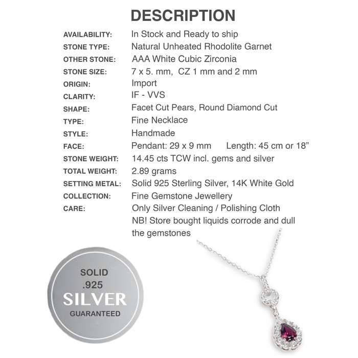 Natural Unheated Rhodolite Garnet AA White CZ Solid .925 Sterling Silver 14K White Gold Necklace