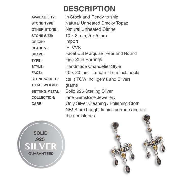 Deluxe Natural Smoky Quartz and Citrine set in Solid .925 Sterling Silver Earrings
