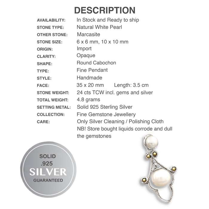 Natural White Pearl and Swiss Art of Marcasite set in Solid .925 Sterling Silver Pendant
