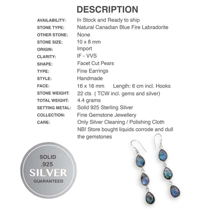 Natural Blue Fire Labradorite Three Pear Shape Drop set in Solid .925 Sterling Silver Earrings