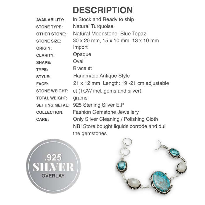 Santa Rosa Natural Turquoise Moonstone Topaz set in 925 Sterling Silver Plated Handmade Bracelet