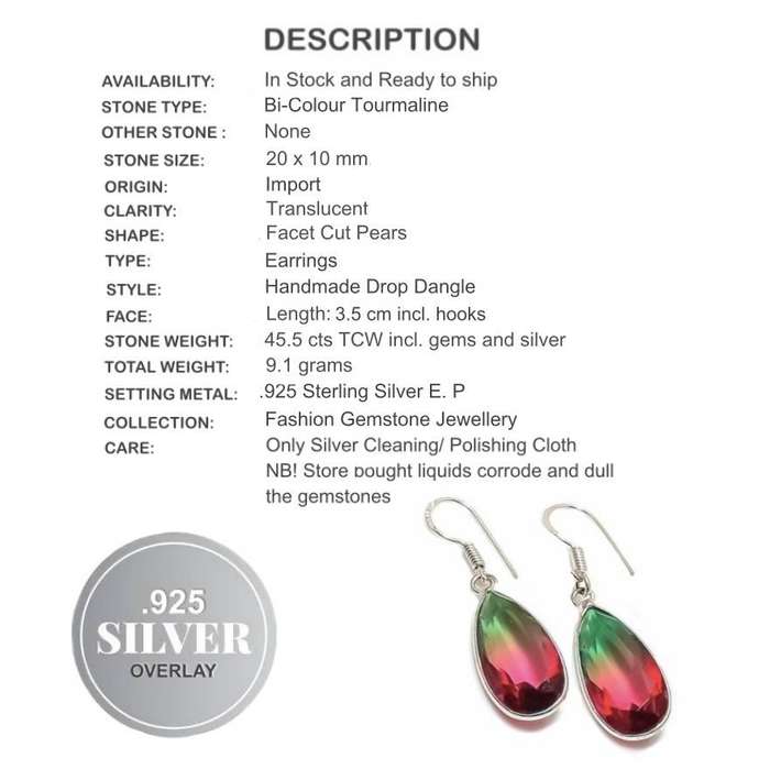 Bi-Colour Tourmaline Pears set in .925 Sterling Silver Plated Handmade Earrings