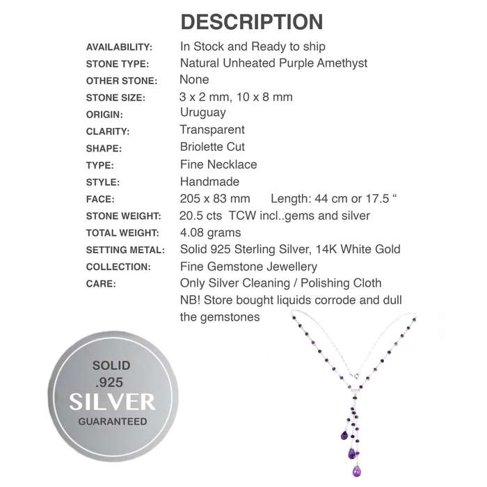 Handmade Authentic Purple Amethyst Briolette Gemstones in Solid .925 Silver 14K White Gold Necklace