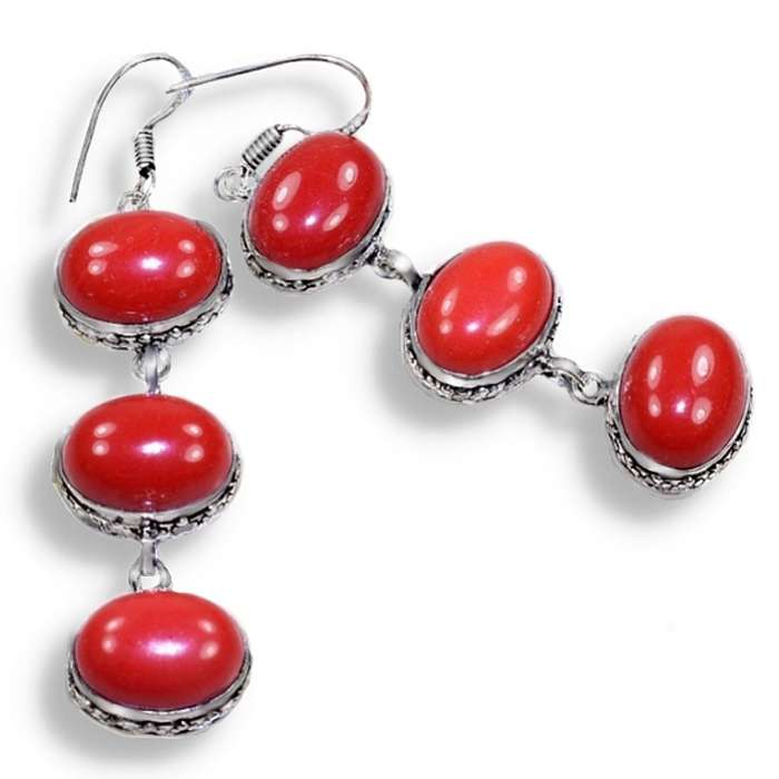 Red Coral Ovals set in .925 Sterling Silver Plated Handmade Long Earrings