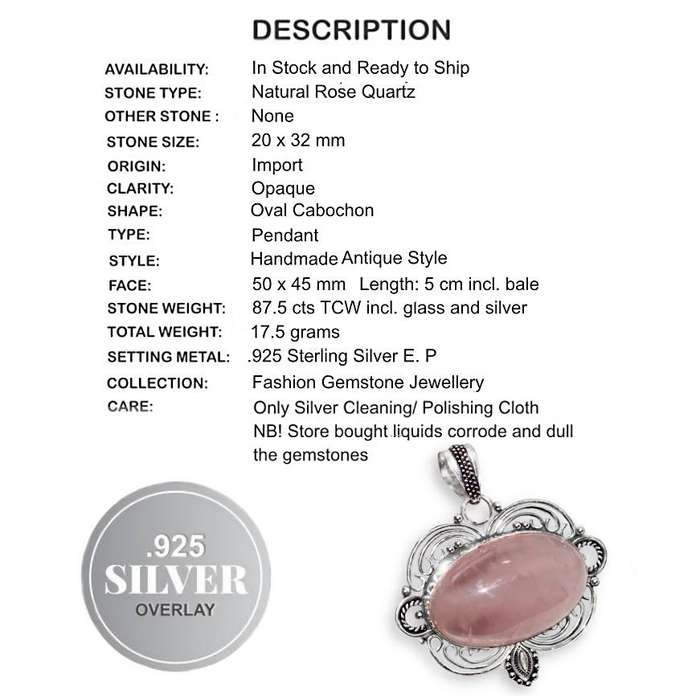 Natural Rose Quartz Gemstone  .925 Sterling Silver Plated Victorian Setting  Pendant