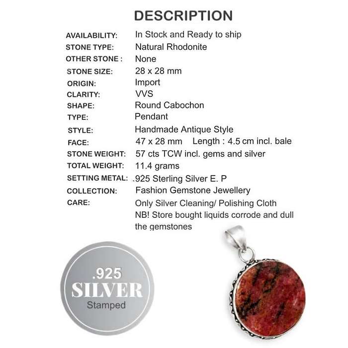 Natural Rhodonite Round Gemstone 925 Sterling Silver Plated Handmade Pendant