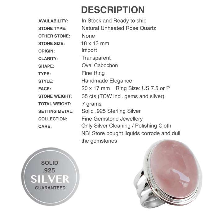 Natural Rose Quartz Oval Gemstone set in Solid .925 Sterling Silver Ring Size US 7.5 /P