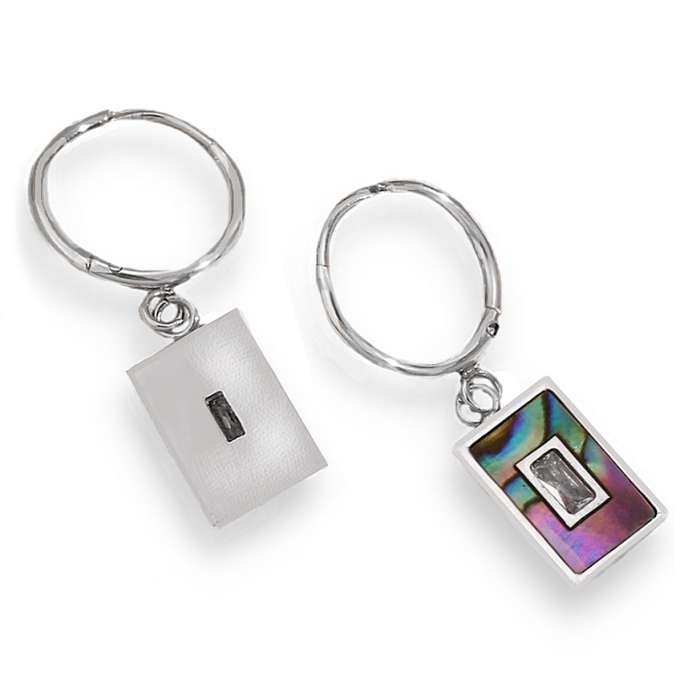 Natural Abalone Shell and White Zircon Gemstone Hypoallergenic Stainless Steel Huggie Earrings