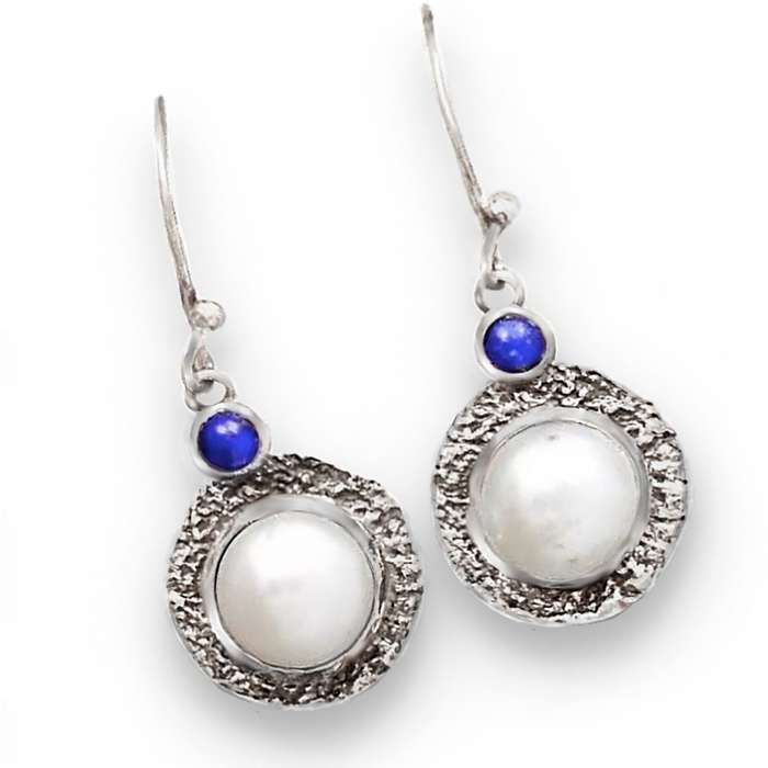 Israeli - Natural White Pearl, Lapis Lazuli Gemstone set in  Solid .925 Sterling Silver Earrings