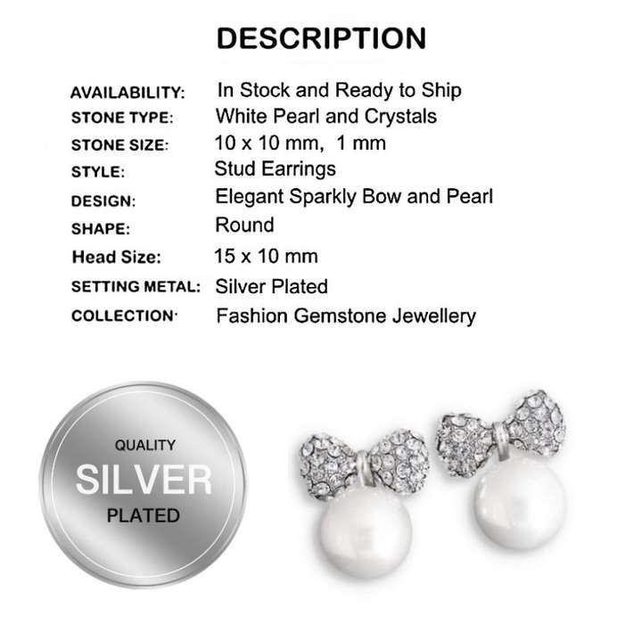 Elegant White Pearl and Crystal Bow Silver Plated Stud Earrings