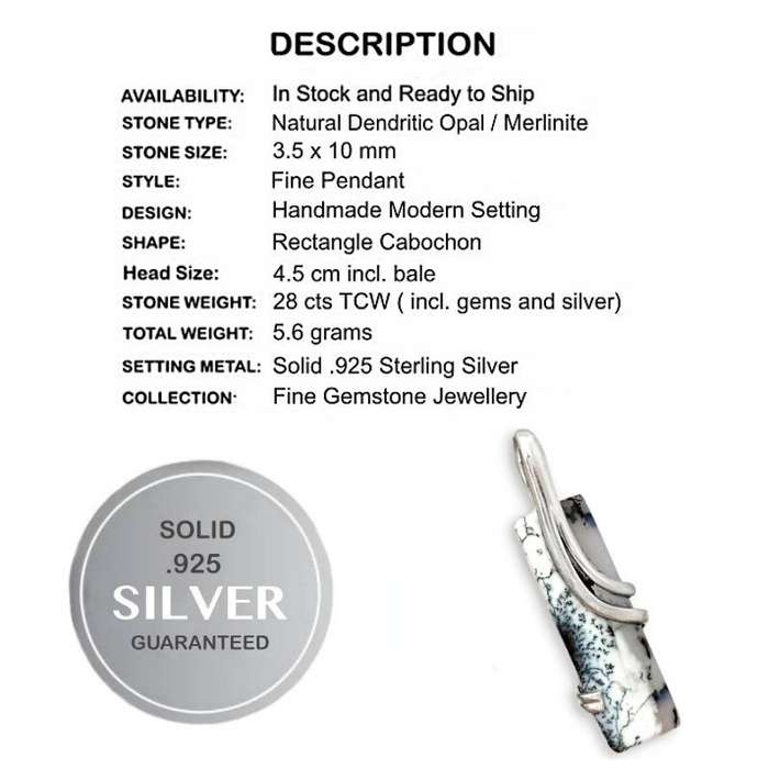 Natural Merlinite Dendritic Opal Rectangle Shape Gemstone set in Solid. 925 Sterling Silver Pendant