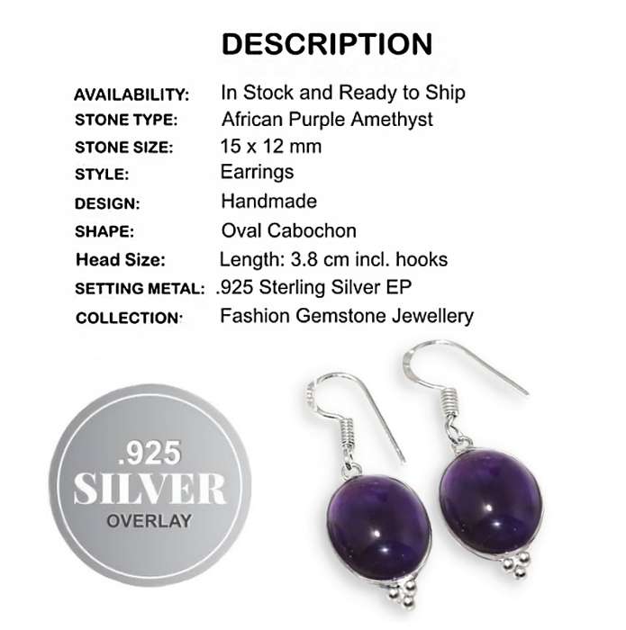 Natural Purple Amethyst Oval Cab set in .925 Sterling Silver Plated Handmade Drop Dangle Earrings