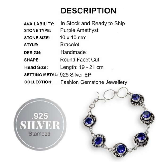 Purple Amethyst Facet Cut Rounds set in .925 Sterling Silver Plated Handmade Bracelet