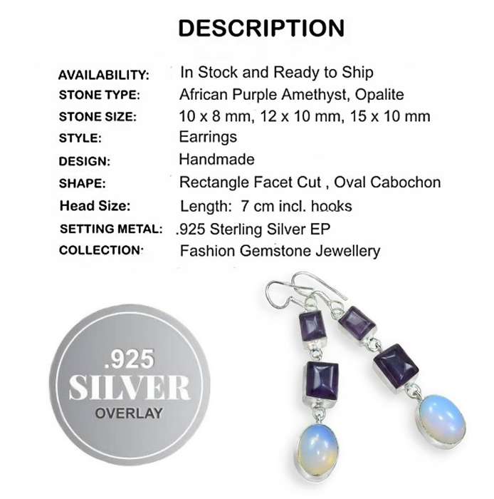 Natural Long Purple Amethyst and Opalite set in .925 Sterling Silver Plated Long Drop Earrings