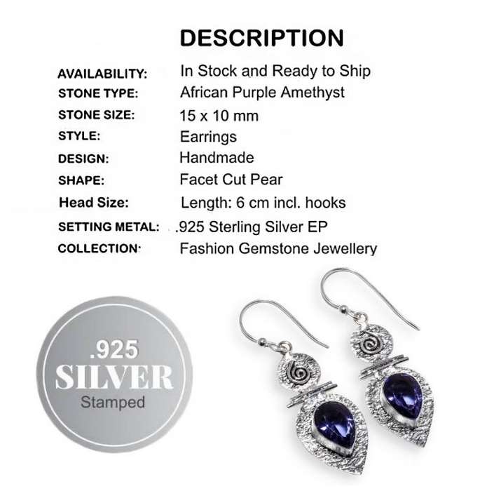 African Purple Amethyst Drop Dangle .925  Sterling Silver Plated Handmade Earrings