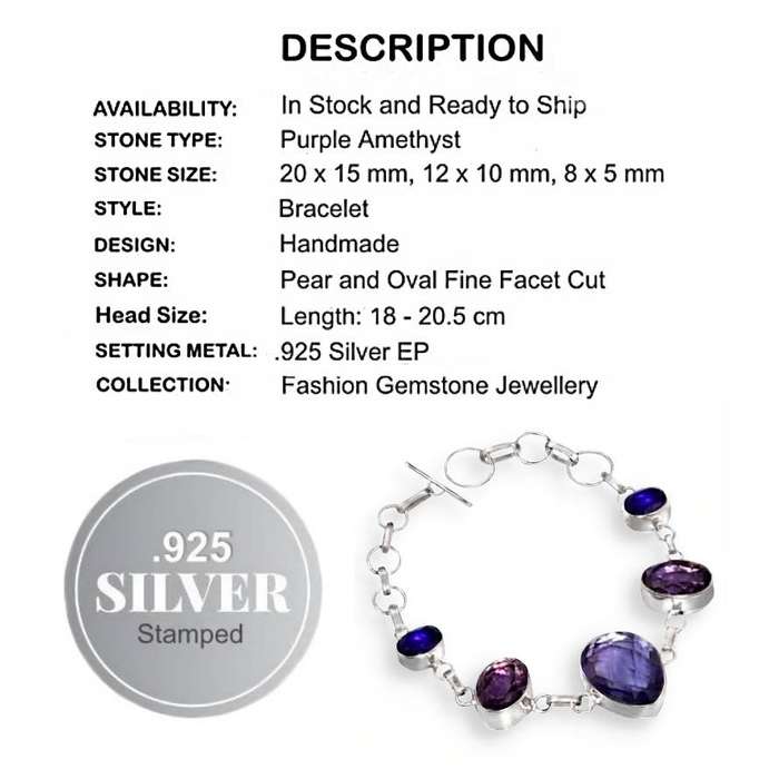 Purple Amethyst Mixed Shapes  .925 Sterling Silver Plated Handmade Bracelet