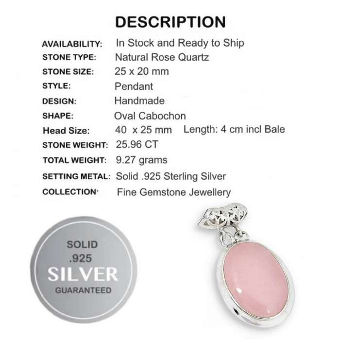 25.96 cts Natural Rose Quartz Oval Gemstone set in Solid .925 Sterling Silver Pendant