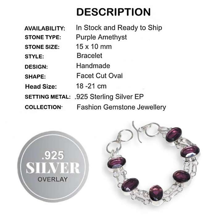 Purple Amethyst Faceted Ovals set in .925 Sterling Silver Plated Adjustable Bracelet